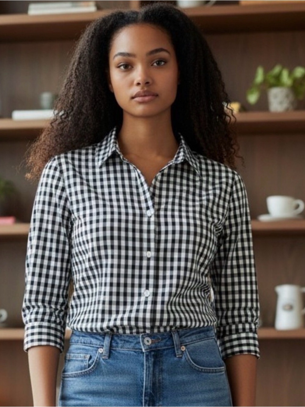 Jones New York Black and White Gingham Button-Down Shirt